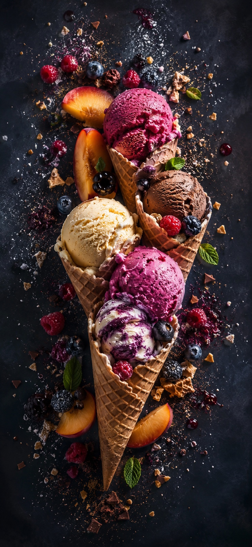 Frisch gedrehtes Eis von Nuraghe in der Waffel mit Beeren und Schokolade
